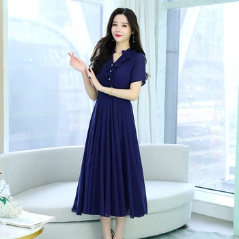 2023 Jaunas Sievietes Augstas Kvalitātes Zilā Krāsā Ar Īsām Piedurknēm Midi Kleitu Korejas Modes Gadījuma Šifona Kleita Vasaras Elegants Bodycon Puse Kleita