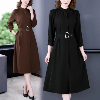 2023 Melns Ar Garām Piedurknēm-Line Midi Kleitu Pavasara Rudens Korejas Vintage Hepburn Vestidos Sievietēm Eleganto Bodycon Biroja Lady Kleita