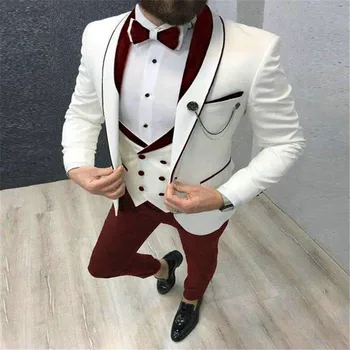 2023 Vīriešu Uzvalks Modes Formālas Biznesa Slim Fit 3 Gabalu Baltās Pusgarās Bordo Elsas, Vīriešu Uzvalku Kāzu Vīriešu Uzvalkus Līgavainim Uzvalks