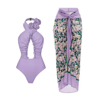 3D Purpura Ziedu Viens Gabals Peldkostīms Ziedlapiņu Pavada Backless Sexy Bikini ir Elegants ar Augstu Vidukļa Apgriezts Beachwear Push Up Modes