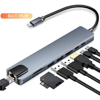 8 in 1 USB C Hub Tipa C Izplešanās Doks USB Centrmezglu Ar HDMI Saderīgas + RJ45 + PD + USB3.0 Paplašināšanas Docking Stacijas