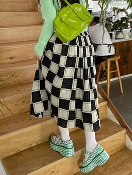 DEEPTOWN Harajuku Pleds Svārki Sieviešu Vintage Elastīgs Viduklis-line korejas Modes Cute Black Ilgi Svārki Rudens Ziemas Gadījuma