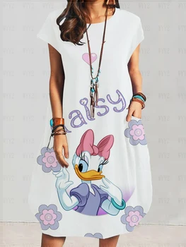 Disney Donald Duck Daisy Karikatūra Izdrukāt Kabatas Kleita Vasaras Modes Beach Party Lielās Ielas Kleita Sievietes Ikdienas Kleita