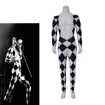 Freddie Mercury Cosplay Kostīmu Vīriešu Šaha Iespiests Dziļi V Jumpsuit Dziedātāja Skatuves Darbības Tērpi Halloween Bodysuit