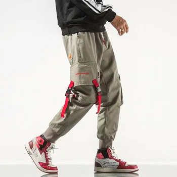 HOUZHOU Kravas Bikses Vīriešu Skriešanas korejas Kravas Bikses Vīriešu Zaudēt Gadījuma Streetwear Raibs Hip Hop Lentes Safari Stils