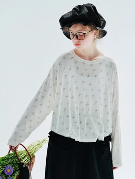 IMAKOKONI oriģināls dizains, balti garām piedurknēm ziedu T-krekls crewneck pulovers vasaras plānas stila top zeķes sieviešu 234031