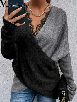 Ir 2021. Rudens Mežģīņu V-Veida Kakla Džemperis Sievietēm Zaudēt Adīšanas Džemperis Lielgabarīta Pulovers Krāsu Saskaņošanas Nelegālo Vintage Sieviešu Džemperi