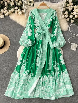 Jauns Skrejceļa Vintage Print Ziedu Gara Kleita Sievietēm Laternu Piedurknēm Krusta V Kakla Mežģīnes Augšu Elegants Svētku Wrap Vestidos Drēbes Femme