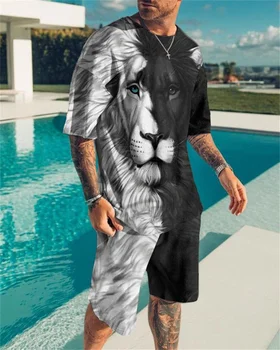 Lauva karalis Vīriešiem Komplekti Bikses Apģērbs Vasaras Apģērbs Iela T Krekls 2 Gabals 3D Drukas Gadījuma O-veida Kakla Tracksuit Lielgabarīta Apģērbu