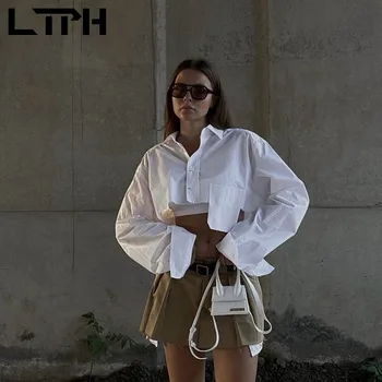 LTPH apgriezts krekli, sieviešu personības tendenci kabatas krekls vienu krūtīm, garām piedurknēm topi gadījuma streetwear 2023 vasaras, jaunas