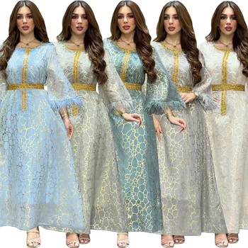 Luksusa Dimantu Spalvu Tuvo Austrumu Arābu Vakara Kleita Ar Garām Piedurknēm Dubaija Kleitas Musulmaņu Tērpu Puse Abaya Drēbes Abaya Rudens