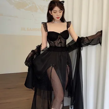 Līgava Black Twinset Drēbes Tērpu Komplekts Mežģīņu Apakšveļa Vasaras Sieviešu Sleepwear Naktskrekls Acs Satīna Peldmētelis Mājas Kleita Loungewear