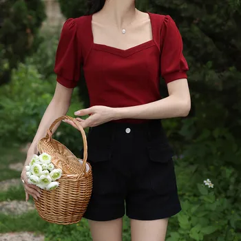 Modes korejas Balts t-veida Puff Īsām Piedurknēm Top Sieviešu Retro Sarkanā Kvadrāta veida Kakla T-krekls Vasaras Elegantā Melnā Pamata Slim Topi 2023