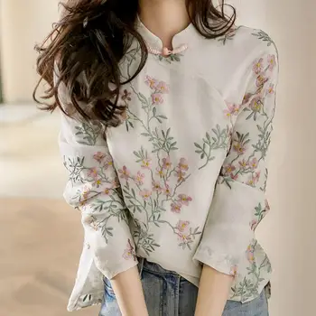 Pavasara Krekls Moderns Ikdienas Sieviešu Top Augu Cheongsam Krekls Ziedi Drukāšanas uzkrītošā Pavasara Blūze Iepirkšanās