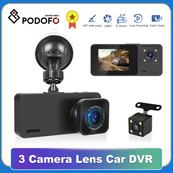 Podofo 3 Kanālu Auto DVR HD 1080P 3-Objektīva Iekšpusē Transportlīdzekļa Dash Cam DVRs Diktofons Video Registrator Dashcam Videokamera