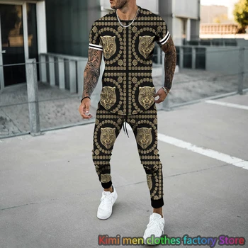 Retro Vīriešu t noteikts Vasaras Streetswear 3D Drukāšanas Treniņtērpi Vīriešu Īsām Piedurknēm T Krekls, Garās Bikses Setup 2 Gabals Komplekti Tērpiem
