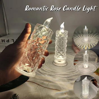 Rožu Dimantu LED Sveču Gaismā Mirdzošu Flameless Elektronisko Kristāla Lampu Rožu Projekcija Galda Nakts Gaisma Telpā Atmosfēru Lampas
