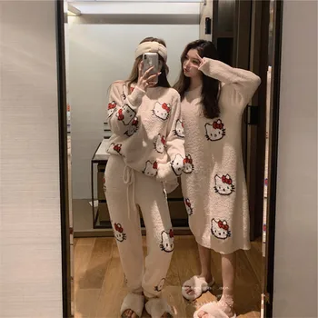 Rudenī un Ziemā, Jauna Hello Kitty Pidžamu divdaļīgs Kostīms Gudrs Pūkains Brīvs Kleita, Sieviešu Drēbes, Sieviešu Sleepwear