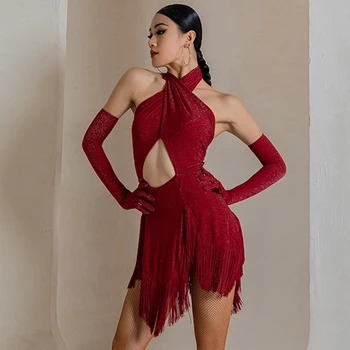 Sarkanā Latīņu Deju Konkurss Kleita Sievietēm Sexy Fringed Deju Kleitu Pavada Kakla Rumba Ča Ča Dejas, Tērpu Valkā