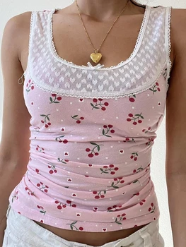 Sievietēm s Ķiršu Drukāt Acs Savārstījums bez Piedurknēm Tvertnes Augšpusē Vasaras Stilīgs Casual Slim Fit T-Krekls Streetwear