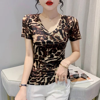 Vasaras Modes Marli Leopards Drukāt Īsām Piedurknēm V-veida kakla T-krekls Slim stingri Krekli Sieviešu Vintage Apģērbu Acs Auduma Tee