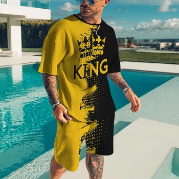 Vīriešu Komplekts KING 3D Iespiests T-krekls, sporta Bikses 2-Gabals, kas Vīriešu Vainagu Apģērbs Vīriešu Skriešanas Uzstādīt Sporta Mācību komplektu Apģērba