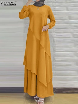 ZANZEA Modes Cietā Sundress Musulmaņu Gadījuma Neregulāru Apakšmalu Maxi Kleita Sievietēm ar garām Piedurknēm Eid Mubarek Vestidos Islāma Apģērbi