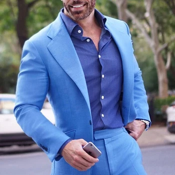 Zila Gadījuma Vīriešu Uzvalki, Slim Fit 2 Gabals Balli Kāzu Uzvalku par Groomsmen Robots Custom Atloks Vīriešu Modes Jaka ar Biksēm